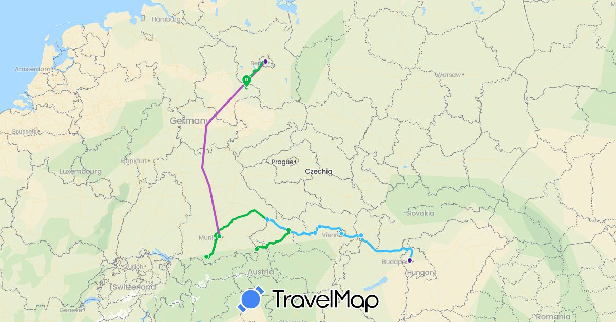 TravelMap itinerary: driving, bus, train, boat, extended stay in Austria, Germany, Hungary, Slovakia (Europe)